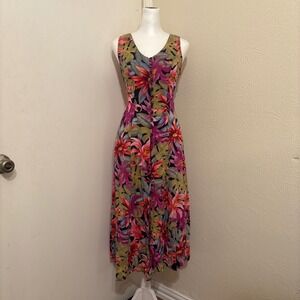 Vintage Tropical Floral Hawaiian Flower Button Front Corset Back Midi Dress